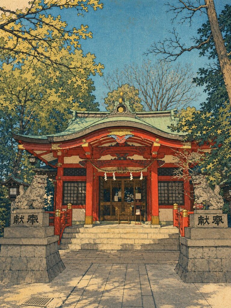 赤堤六所神社の社殿を浮世絵風に描いた画像。朱色の拝殿、緑青色の屋根、左右の狛犬、石畳の参道、境内を囲む木々が木版画調で表現されている。
