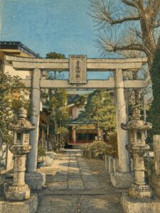 青砥神社の鳥居と参道を浮世絵風に描いた画像。石造りの鳥居、左右の石灯籠、奥へ続く参道、木々と社殿が木版画調の落ち着いた色彩で表現されている。