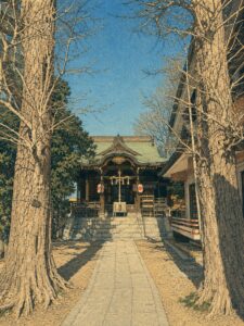 青砥神社の社殿へ続く参道を浮世絵風に描いた画像。左右の大木、石畳の参道、奥に見える拝殿、青空が木版画調の落ち着いた色彩で表現されている。