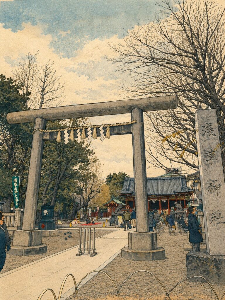 浅草神社の石鳥居と社号標、奥に見える境内の風景を浮世絵風に表現した画像