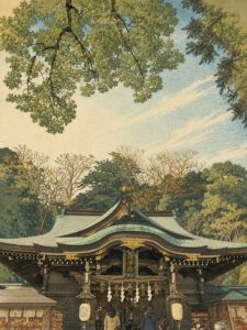 木々に囲まれた江島神社の社殿と参拝者を、浮世絵風の木版画タッチで表現した画像