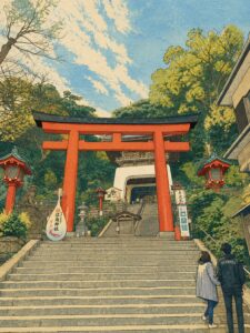 江島神社の朱色の鳥居と石段、参道入口を浮世絵風に表現した画像