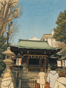 青空の下に建つ五條天神社の社殿と参拝者を、浮世絵風の木版画タッチで表現した画像
