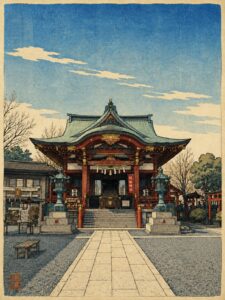 青空の下に建つ羽田神社の社殿を、浮世絵風の木版画タッチで表現した画像
