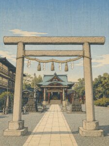 羽田神社の石鳥居と参道、その奥に見える社殿を浮世絵風の木版画タッチで表現した画像