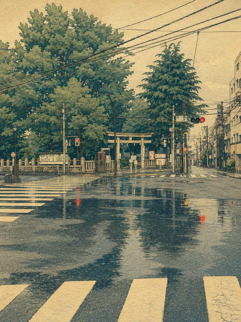 鳩森八幡神社の入口を、雨の交差点越しに浮世絵風で描いた画像。濡れた道路の反射、横断歩道、鳥居、大木、周囲の街並みが木版画調で表現されている。