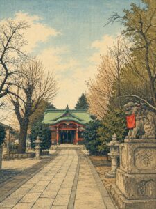市谷亀ヶ岡八幡宮の参道と社殿、境内の狛犬や木々を浮世絵風の木版画タッチで表現した画像