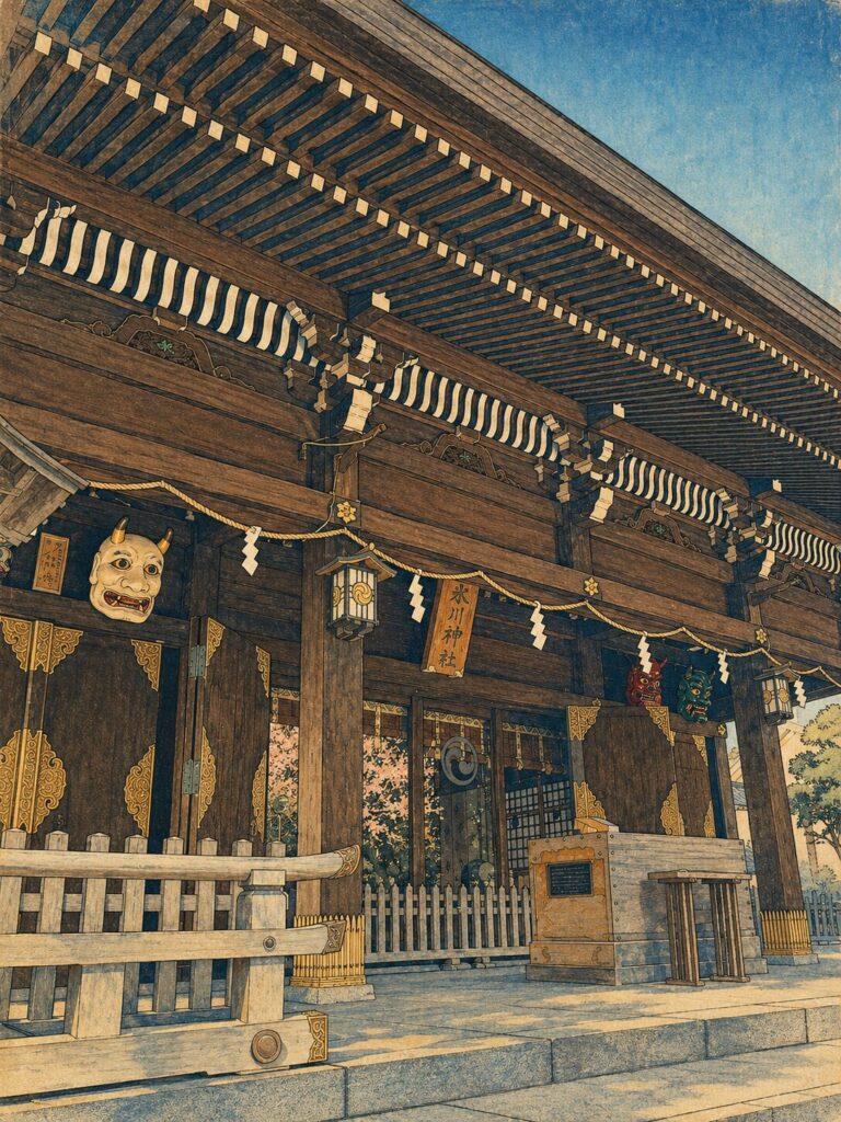 喜多見氷川神社の社殿を浮世絵風に描いた画像。深い軒の木造建築、注連縄、神楽面、賽銭箱、青空が木版画調の落ち着いた色彩で表現されている。