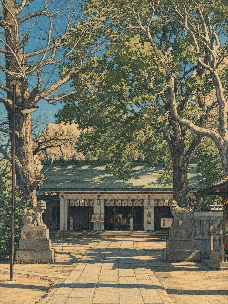 駒込天祖神社の参道と社殿を浮世絵風に描いた画像。石畳の参道、左右の狛犬、緑の屋根をもつ社殿、大きな木々に包まれた境内が木版画調で表現されている。