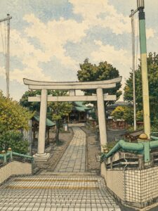 町田天満宮の石鳥居と参道、その奥に見える境内を浮世絵風の木版画タッチで表現した画像