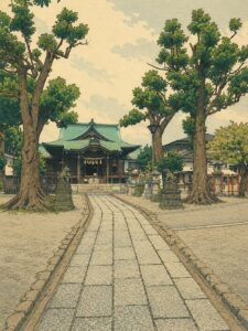 町田天満宮の参道と社殿、境内の木々や石灯籠を浮世絵風の木版画タッチで表現した画像