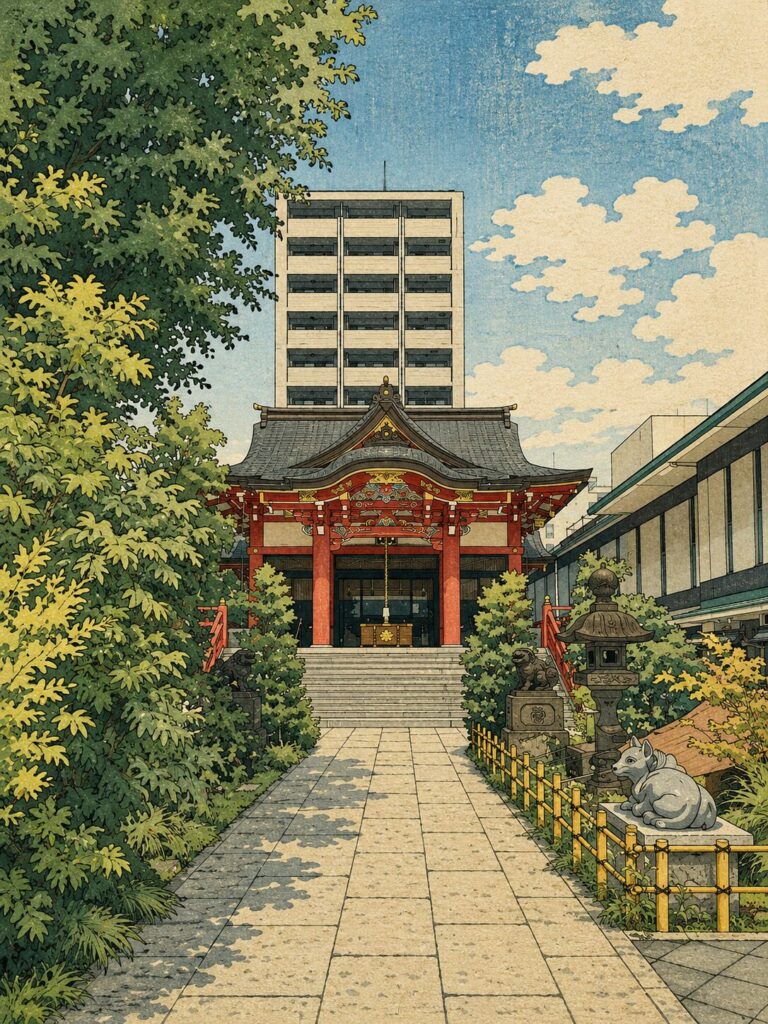 成子天神社の社殿と参道、境内の緑や撫で牛を浮世絵風の木版画タッチで表現した画像