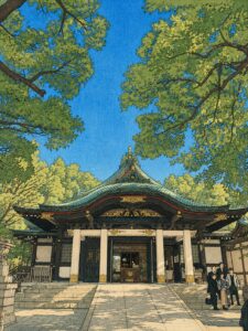 青空と木々に囲まれた王子神社の社殿と参拝者を、浮世絵風の木版画タッチで表現した画像
