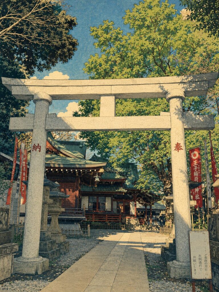 王子稲荷神社の石鳥居と参道、その奥に見える社殿を浮世絵風の木版画タッチで表現した画像