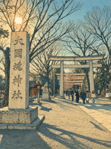 大國魂神社の社号標と大鳥居、参道を歩く参拝者を浮世絵風に表現した画像
