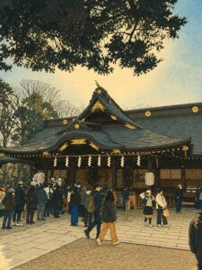 参拝者でにぎわう神社の社殿を、木々の影と夕方の光の中で浮世絵風に表現した画像
