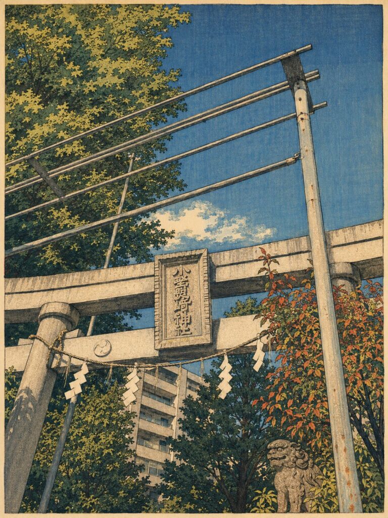 青空の下に立つ小野照崎神社の石鳥居を、浮世絵風の木版画タッチで表現した画像