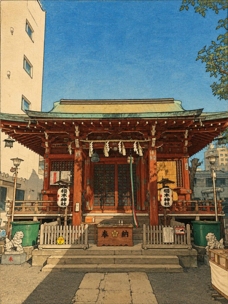 青空の下に建つ櫻木神社の社殿を、浮世絵風の木版画タッチで表現した画像