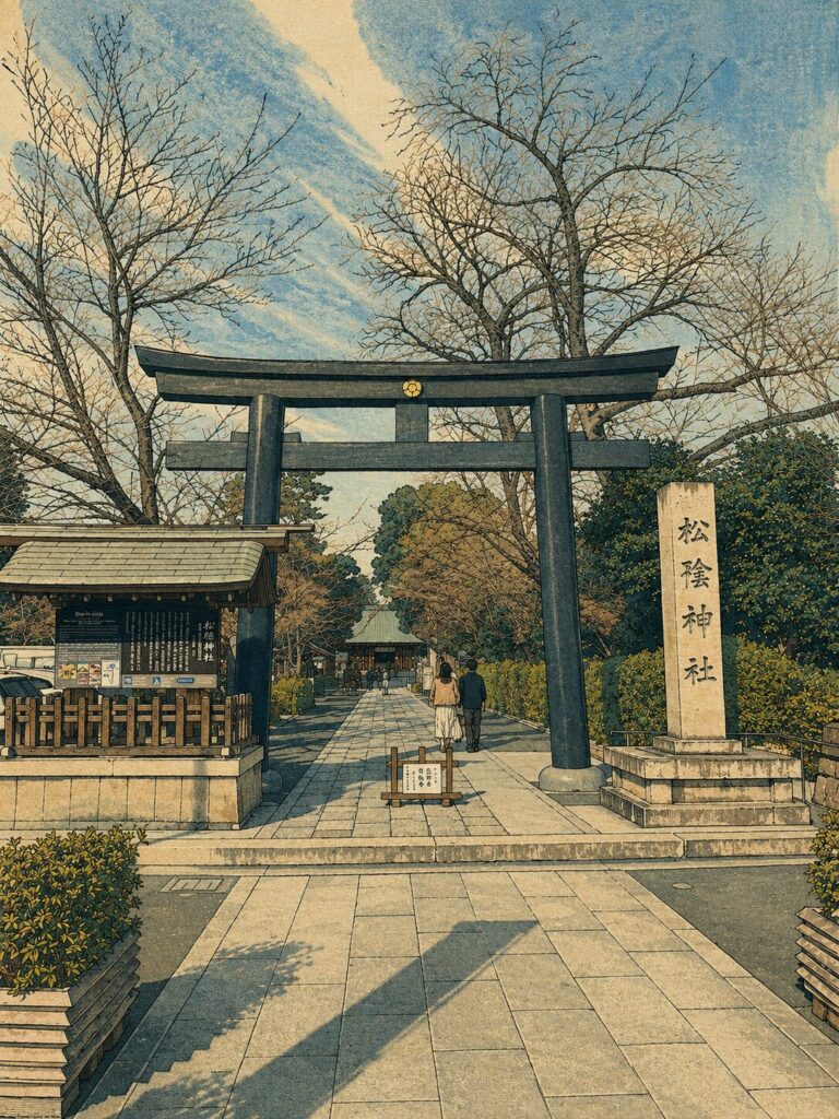 松陰神社の鳥居と参道を浮世絵風に描いた画像。社号標、石畳の参道、冬木立、奥へ続く境内の静かな雰囲気が木版画調で表現されている。