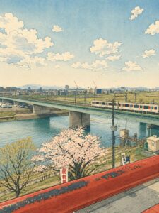 川に架かる鉄道橋と走る電車、桜の木と広い空を浮世絵風の木版画タッチで表現した画像