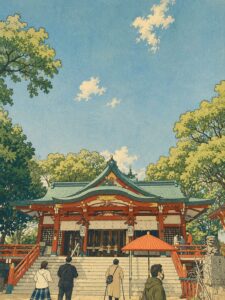 青空と木々に囲まれた多摩川浅間神社の社殿と参拝者を、浮世絵風の木版画タッチで表現した画像