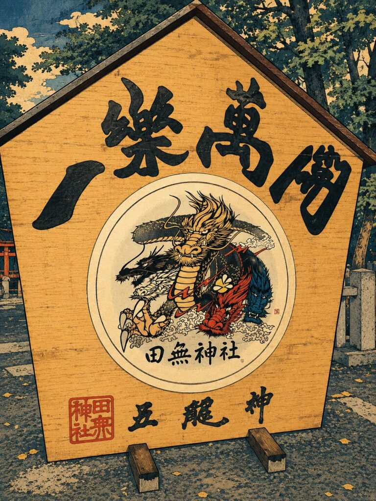 田無神社の五龍神を描いた木製絵馬風の看板を、浮世絵風に表現した画像