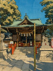 立石熊野神社の社殿を浮世絵風に描いた画像。緑青色の屋根をもつ拝殿、朱色の欄干、左右の狛犬、石段と石畳の参道が木版画調で表現されている。