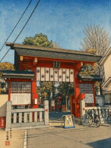 立石熊野神社の門を浮世絵風に描いた画像。朱色の神門、白い幕、境内案内板、奥に見える社殿、青空と木々が木版画調で表現されている。