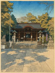 玉川神社の社殿を浮世絵風に描いた画像。石畳の参道、狛犬、石灯籠、木々に囲まれた拝殿が、木版画調の淡い色彩で表現されている。