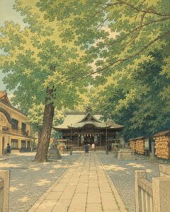 緑に囲まれた谷保天満宮の参道と社殿を、浮世絵風の木版画タッチで表現した画像
