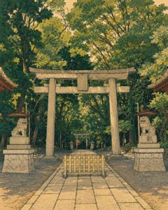 木々に囲まれた神社の石鳥居と参道、狛犬を浮世絵風の木版画タッチで表現した画像