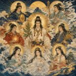 五男三女の八柱の神々が、金色の光輪と波雲に包まれて円環状に集う。中心の男神を囲むように四柱の男神と三柱の女神が描かれ、下段の女神たちは水や波の気配をまとい、上段と左右の男神たちは光・風・稲穂・生命力を象徴する持物を携えた、八王子神の守護と繁栄を表す浮世絵風の神格化象徴画。