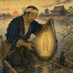 川辺の舟のそばで、檜前浜成命が網を持ち上げ、その中に光る尊像を静かに見つめている。朝日、川面、遠景の寺院、葦が描かれ、浅草の起源となる聖なる発見を表す浮世絵風の神格化象徴画。