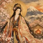 満開の桜に囲まれた木花咲耶姫命が、金色の光輪を背に桜の枝を手にして立つ。遠景には富士山と火の灯る産屋のような建物が描かれ、美しさ、安産、生命の輝きを象徴する浮世絵風の神格化象徴画。