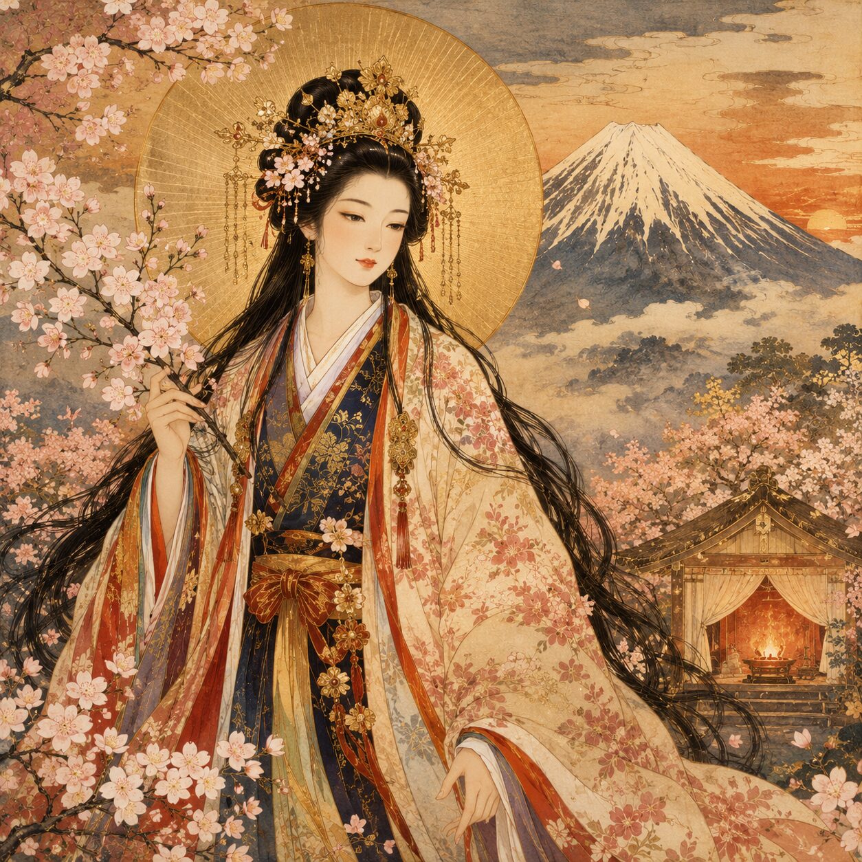 満開の桜に囲まれた木花咲耶姫命が、金色の光輪を背に桜の枝を手にして立つ。遠景には富士山と火の灯る産屋のような建物が描かれ、美しさ、安産、生命の輝きを象徴する浮世絵風の神格化象徴画。