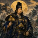 月光を背に、藍と金の武装をまとった佐竹氏霊が軍扇と太刀を携えて立つ。衣装と扇には五本骨扇に月丸を思わせる文様が入り、背景には山城、石段の先の神域、霧の中に浮かぶ武者たちが描かれた、祖霊としての威厳と守護を表す浮世絵風の神格化象徴画。