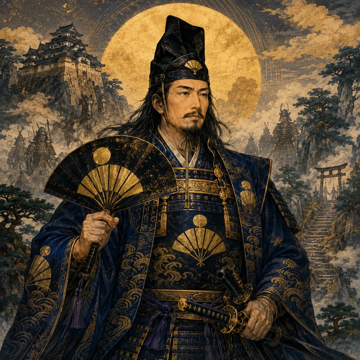 月光を背に、藍と金の武装をまとった佐竹氏霊が軍扇と太刀を携えて立つ。衣装と扇には五本骨扇に月丸を思わせる文様が入り、背景には山城、石段の先の神域、霧の中に浮かぶ武者たちが描かれた、祖霊としての威厳と守護を表す浮世絵風の神格化象徴画。