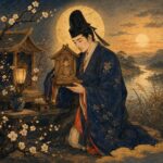 梅の花が咲く水辺の夕景で、菅原道武公が小さな社に納められた父・菅原道真公の尊像を丁寧に捧げている。灯火、梅枝、川辺の景色が描かれ、谷保天満宮の創建伝承と父を偲ぶ孝心を象徴する浮世絵風の神格化象徴画。