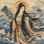波が渦巻く海上に立つ湍津姫命が、金の光輪を背に、花をつけた榊の枝と水をたたえた霊珠を手にしている。藍と白の装束と長い黒髪が風になびき、遠景には島影と潮流が描かれた、海と水の清浄な力を象徴する浮世絵風の神格化象徴画。