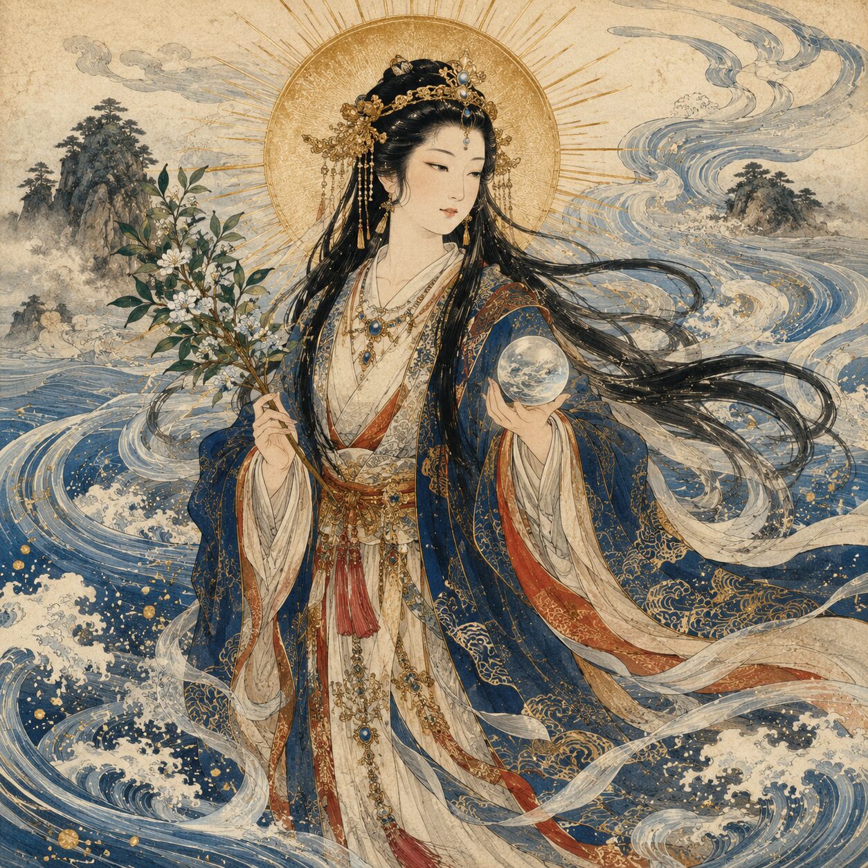 波が渦巻く海上に立つ湍津姫命が、金の光輪を背に、花をつけた榊の枝と水をたたえた霊珠を手にしている。藍と白の装束と長い黒髪が風になびき、遠景には島影と潮流が描かれた、海と水の清浄な力を象徴する浮世絵風の神格化象徴画。