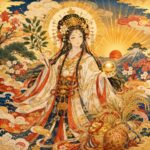 初日の出と富士山を思わせる山影を背に、華やかな装束の歳徳神が榊と光る宝珠を携えて立つ。周囲には松、梅、稲穂、宝珠、飾り玉が描かれ、新年の福徳、恵方、家内繁栄を象徴する浮世絵風の神格化象徴画。