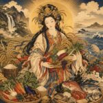 金色の光輪を背にした宇気母智之神が、稲穂や野菜、果実を抱えて立っている。周囲には米俵、穀物、魚、貝、海藻、山、滝、田畑、海が描かれ、食物と豊穣、命を養う神威を象徴する浮世絵風の神格化象徴画。