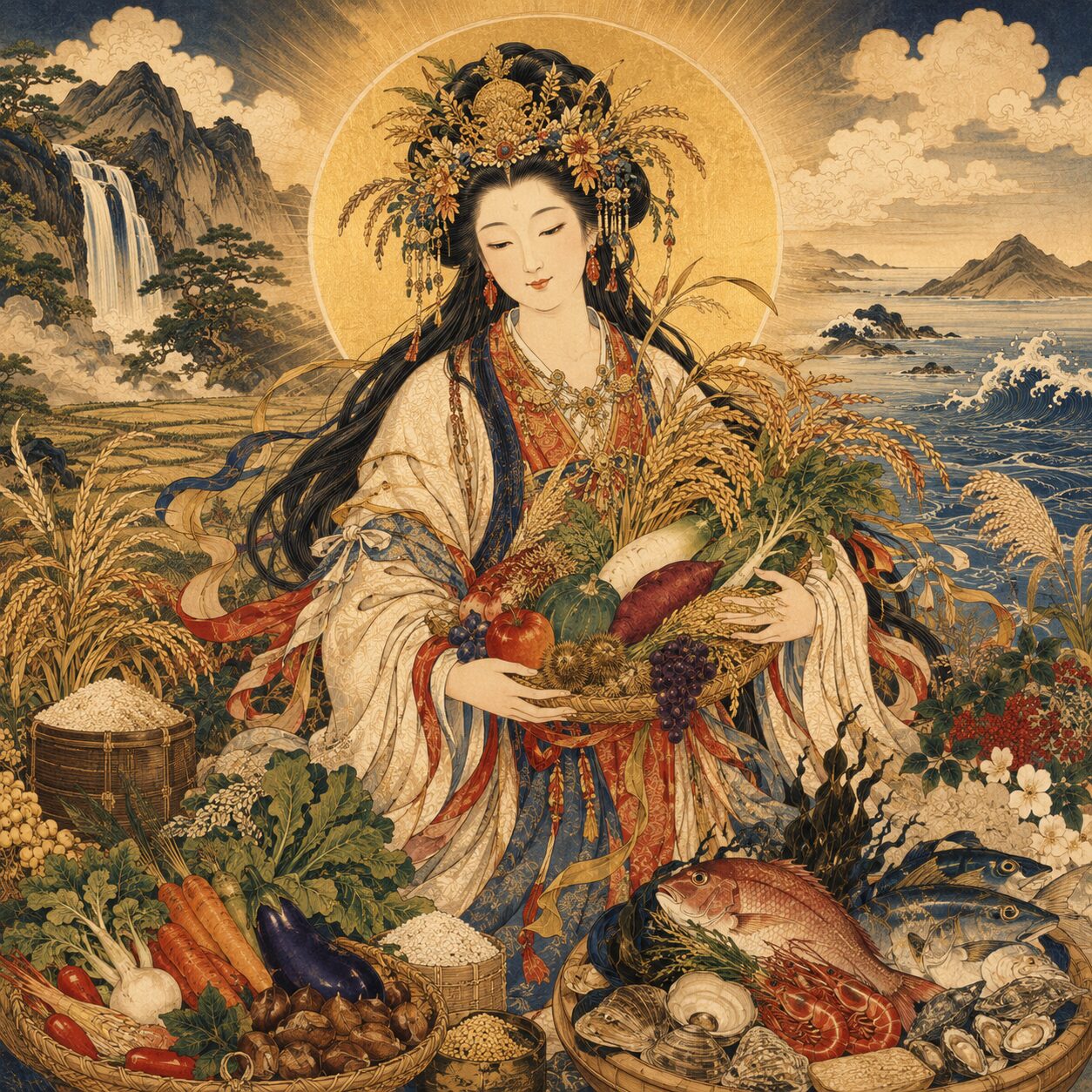 金色の光輪を背にした宇気母智之神が、稲穂や野菜、果実を抱えて立っている。周囲には米俵、穀物、魚、貝、海藻、山、滝、田畑、海が描かれ、食物と豊穣、命を養う神威を象徴する浮世絵風の神格化象徴画。