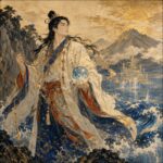 朝日の光を背にした火遠理命が、荒波の岩場で釣針と青く輝く珠を手にして立っている。遠景には海神の宮を思わせる宮殿が海上に浮かび、山幸彦の試練、海の神域への旅、失われたものを取り戻す再生の神威を象徴する浮世絵風の神格化象徴画。