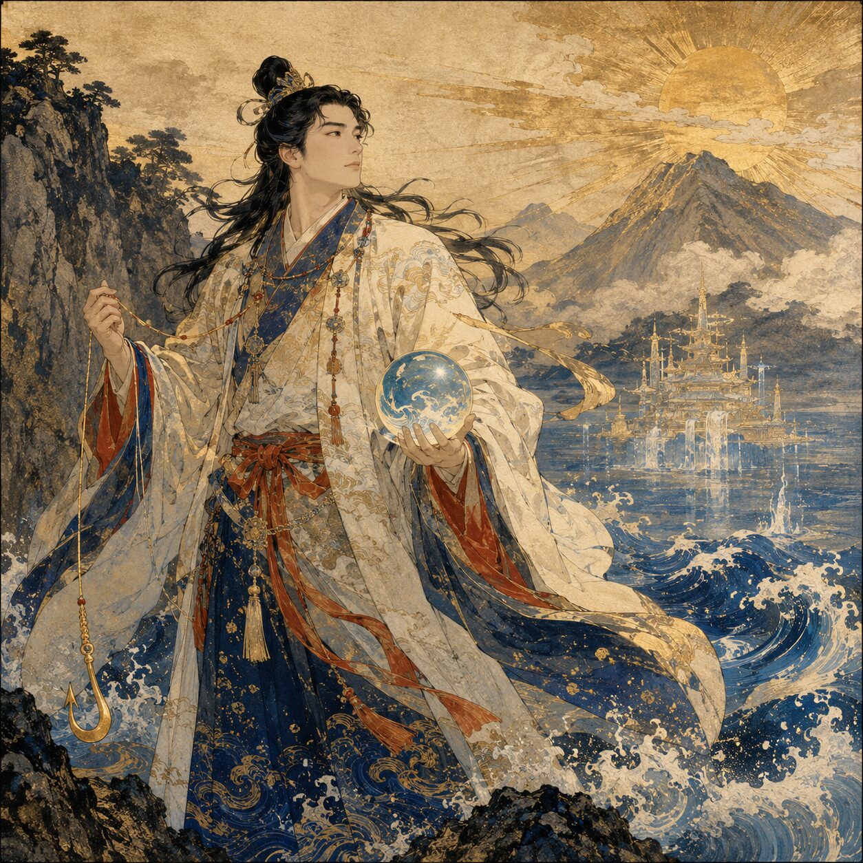 朝日の光を背にした火遠理命が、荒波の岩場で釣針と青く輝く珠を手にして立っている。遠景には海神の宮を思わせる宮殿が海上に浮かび、山幸彦の試練、海の神域への旅、失われたものを取り戻す再生の神威を象徴する浮世絵風の神格化象徴画。