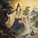 金色の光輪を背にした神直毘神が、黒雲のような穢れに片手を向け、もう一方の手に榊を持ちながら清流へ水を注いでいる。左側には闇の気配、右側には明るい山水と流れる川が描かれ、禍を祓い清らかな秩序へ戻す神威を象徴する浮世絵風の神格化象徴画。