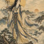 金色の光輪を背にした久延毘古が、山と海を見渡す岩場に立ち、杖を手に遠方を見つめている。周囲には雲、山並み、海、朝日が描かれ、動かずして世の中を知る知恵と洞察の神威を象徴する浮世絵風の神格化象徴画。
