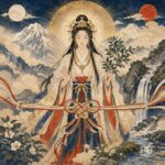 金色の光輪を背にした菊理媛神が、白山を思わせる雪山と滝の前で榊を手にして立っている。前方には大きな結び紐が描かれ、左右には月と日輪が浮かび、調和、和解、縁結びの神威を象徴する浮世絵風の神格化象徴画。
