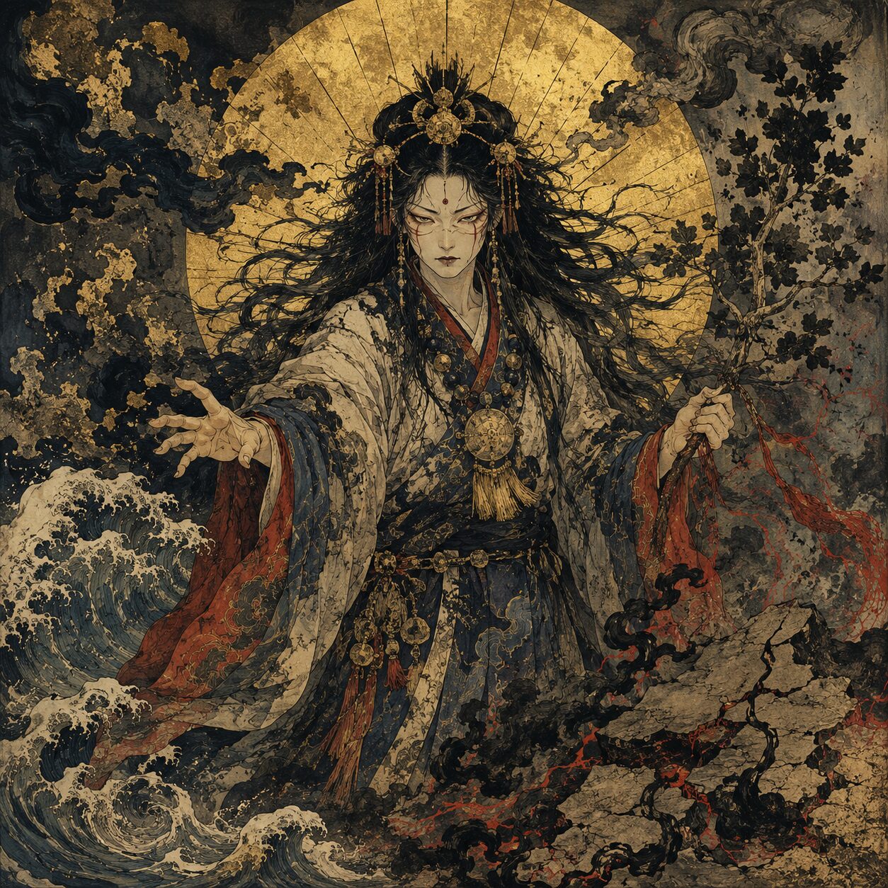 金色の光輪を背にした禍津日神が、黒雲と荒波、ひび割れた大地の前で片手を伸ばし、もう一方の手に榊の枝を持って立っている。墨のような気配と赤い裂け目が描かれ、穢れや災いを祓い清めへ導く神威を象徴する浮世絵風の神格化象徴画。
