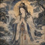 金色の光輪を背にした泣沢女神が、滝と清流に囲まれた岩場で涙を流しながら静かに手を合わせている。周囲には水滴、霧、榊の枝が描かれ、悲しみを鎮め浄化へ導く水の神威を象徴する浮世絵風の神格化象徴画。